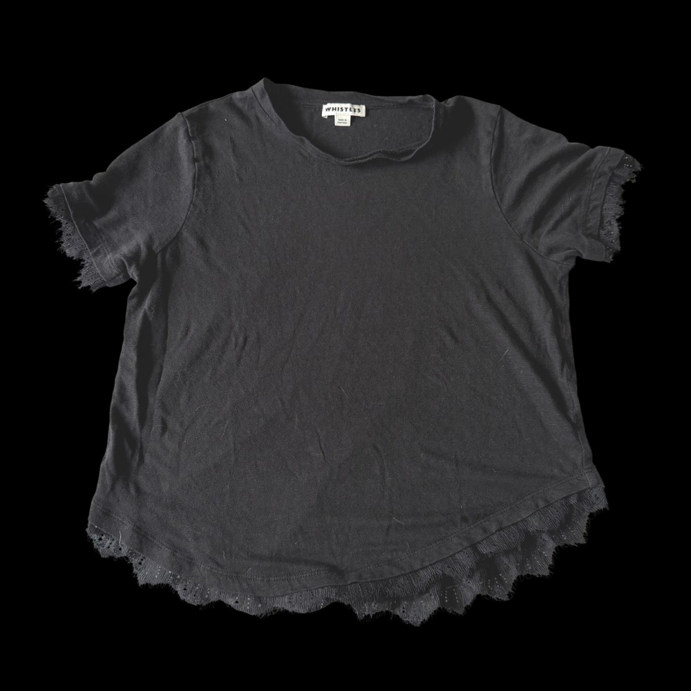 Whistles Black Lace Trim Slub Knit Short Sleeve Top Crew Neck US‎ 2 UK 6 EU 34